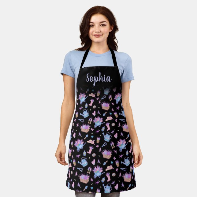 Personalized Hyacinth Garden Floral Black Apron (Worn)