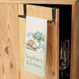 Personalized Hydrangea Kitchen Towel, Custom Name Tea Towel