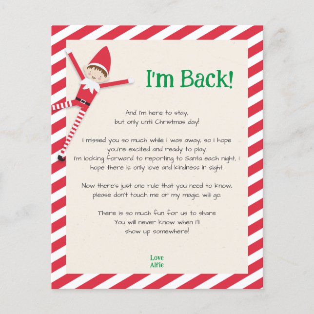 Personalized "I'm Back!" Elf Welcome Letter (Front)