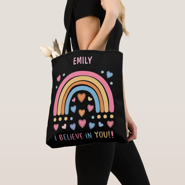 Personalized Inspirational Rainbow & Heart Tote Bag (Close Up)