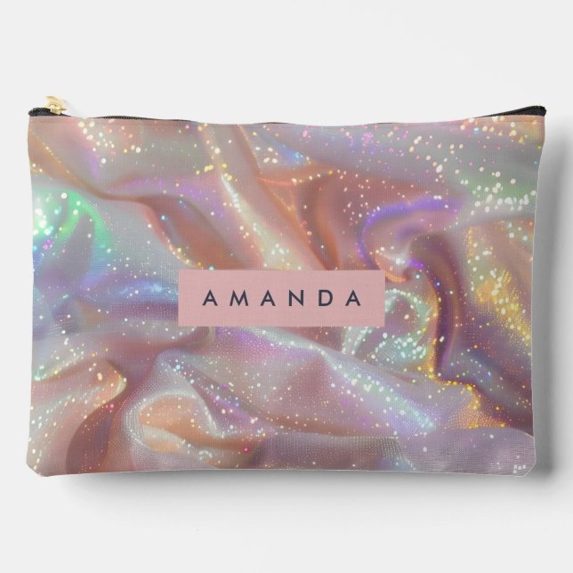 Personalized Iridescent Pastel Sparkle Satin Accessory Pouch (Front)