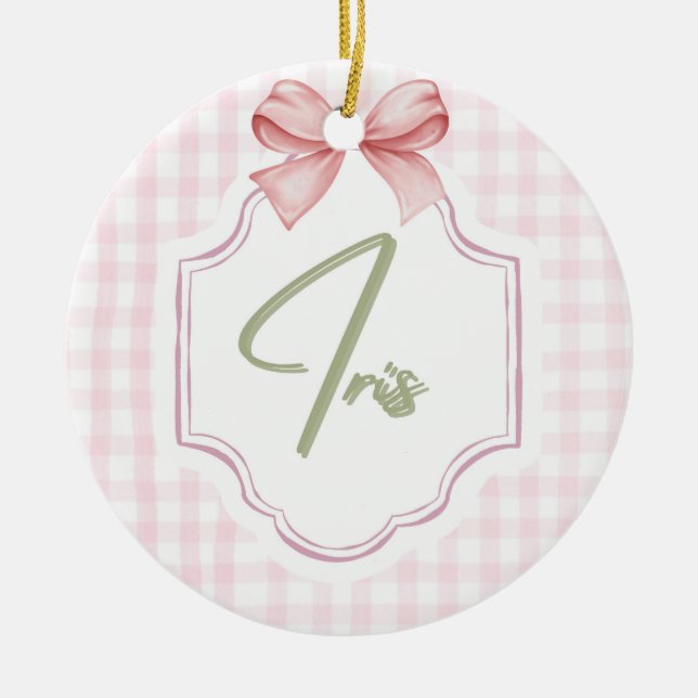 Personalized Iris Baby Girl Nursery Art Pink Bow Ceramic Tree Decoration (Front)