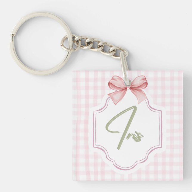 Personalized Iris Baby Girl Nursery Art Pink Bow Key Ring (Front)