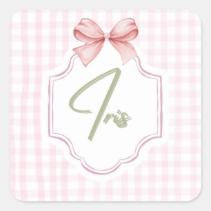 Personalized Iris Baby Girl Nursery Art Pink Bow Square Sticker