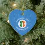 Personalized Irish Angel Hanukkah Flag Ceramic Tree Decoration<br><div class="desc">The flag of Ireland is worn by an angel on heart shaped ceramic ornament item for holiday or Hanukkah decor. The Hanukkah Irish flag angel flies on a background of blue squiggly squares inside a circle of white squiggly squares. Add a name to personalize. Customize with the year. If you...</div>