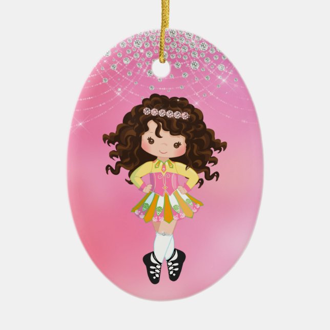 Personalized Irish Dance Brunette Girl Christmas Ceramic Tree Decoration (Front)