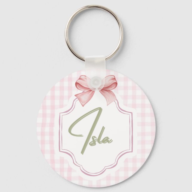 Personalized Isla Baby Girl Nursery Bow&Gingham  Key Ring (Front)