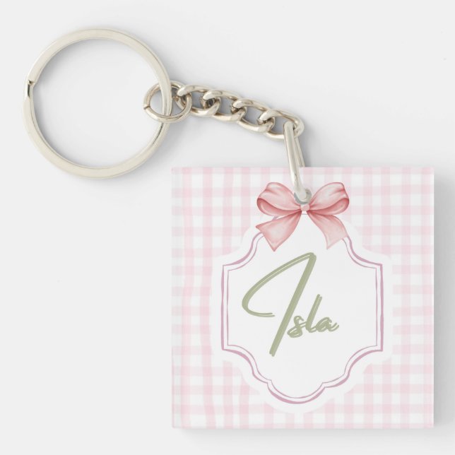 Personalized Isla Baby Girl Nursery Bow&Gingham  Key Ring (Front)