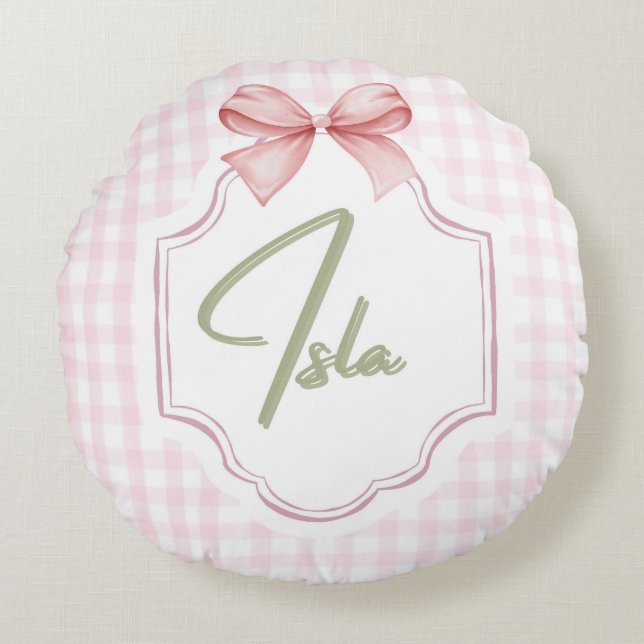 Personalized Isla Baby Girl Nursery Bow&Gingham  Round Cushion (Front)