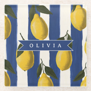 Personalized Italian Lemon Stripe Coastal  Glass Coaster