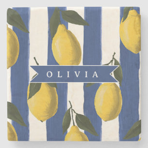 Personalized Italian Lemon Stripe Coastal  Stone Coaster