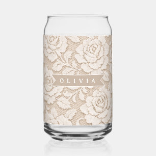 Personalized Ivory Lace Bridal Elegant Vintage Can Glass