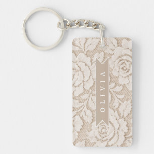 Personalized Ivory Lace Bridal Elegant Vintage Key Ring