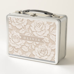 Personalized Ivory Lace Bridal Elegant Vintage Metal Lunch Box