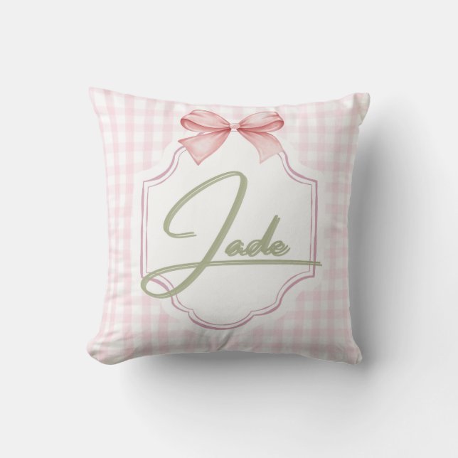 Personalized Jade Baby Girl Nursery Bow&Gingham Cushion (Front)