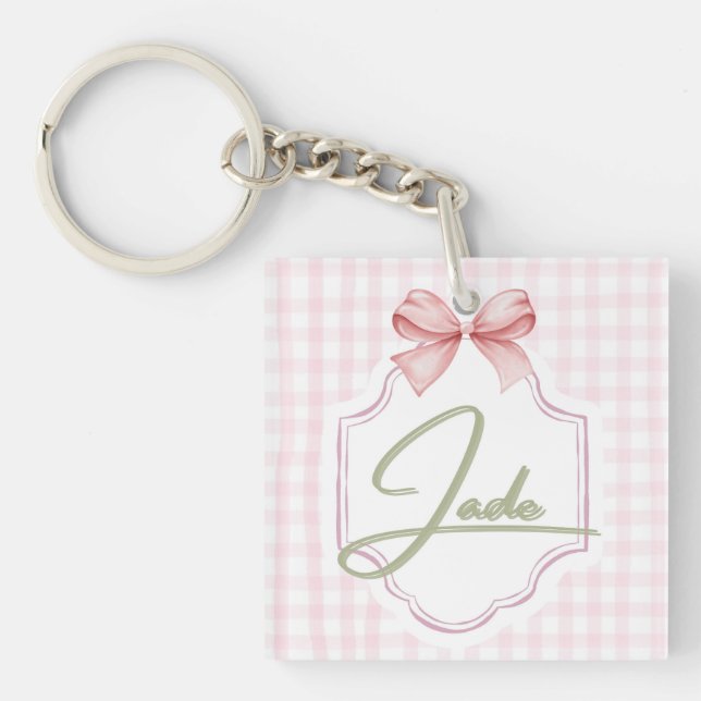 Personalized Jade Baby Girl Nursery Bow&Gingham Key Ring (Front)