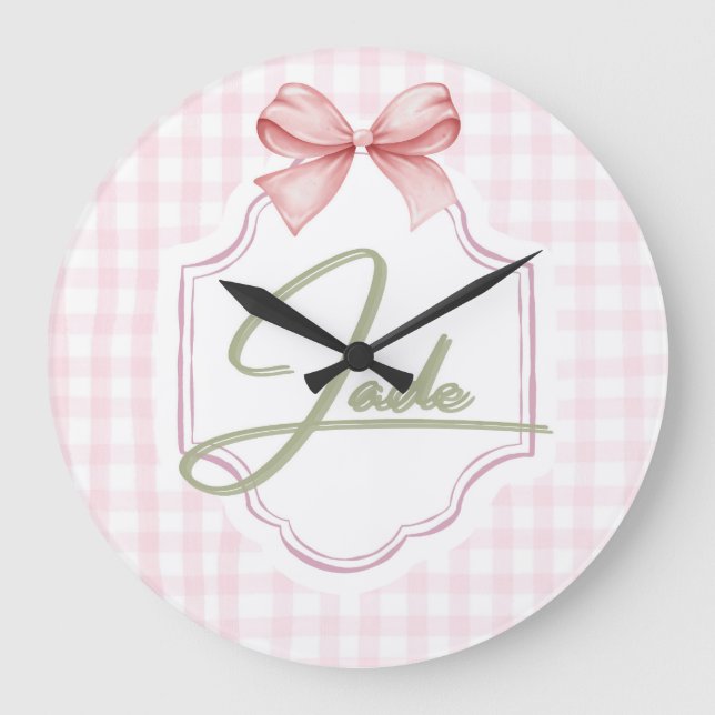 Personalized Jade Baby Girl Nursery Bow&Gingham Large Clock (Front)