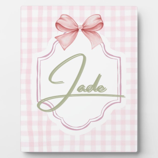 Personalized Jade Baby Girl Nursery Bow&Gingham Plaque (Front)