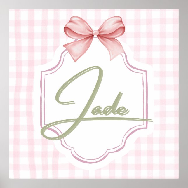 Personalized Jade Baby Girl Nursery Bow&Gingham Poster (Front)
