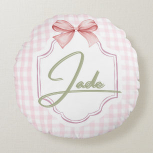 Personalized Jade Baby Girl Nursery Bow&Gingham Round Cushion