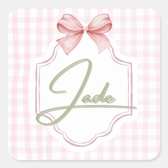 Personalized Jade Baby Girl Nursery Bow&Gingham Square Sticker (Front)