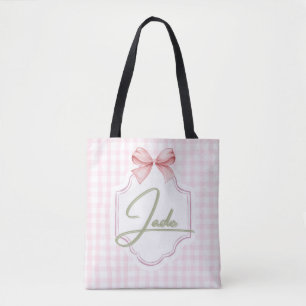 Personalized Jade Baby Girl Nursery Bow&Gingham Tote Bag