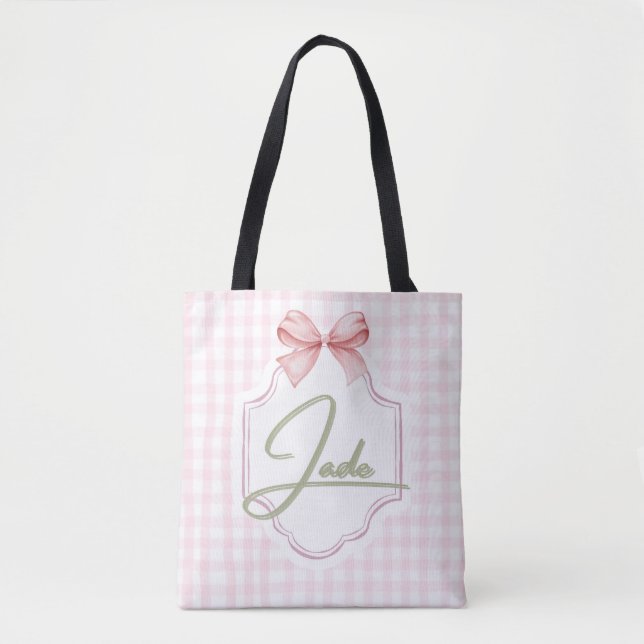 Personalized Jade Baby Girl Nursery Bow&Gingham Tote Bag (Front)