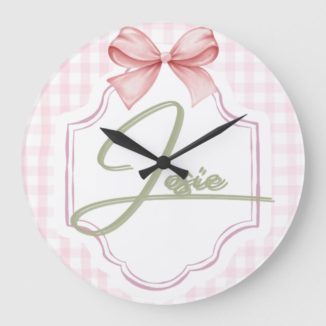 Personalized Josie Baby Girl Nursery Bow&Gingham Large Clock (Front)