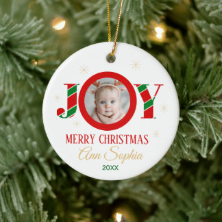 Personalized Joy Christmas Photo Ceramic Tree Decoration