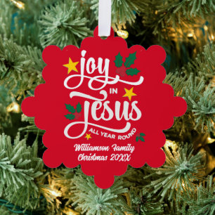 Personalized JOY IN JESUS Christian Christmas RED Tree Decoration Card