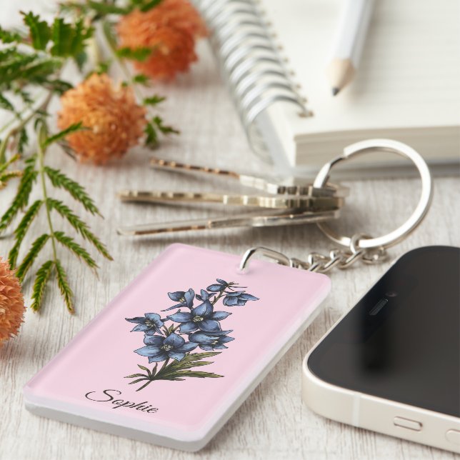 Personalized July Birth Flower Larkspur Keychain (Front Right)