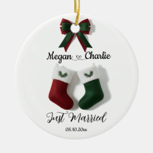 Personalized Just Married Red & Green Stockings Ceramic Tree Decoration