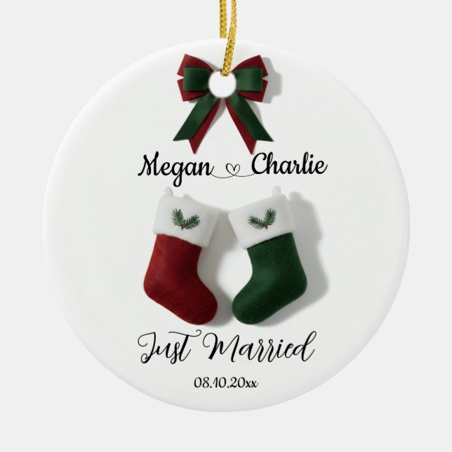 Personalized Just Married Red & Green Stockings Ceramic Tree Decoration (Front)