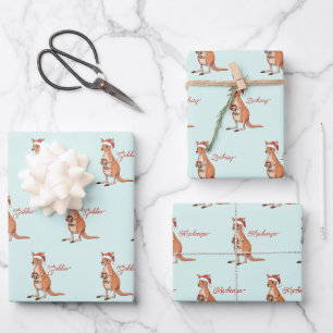 Personalized Kangaroo With Santa Hat Christmas Wrapping Paper Sheet
