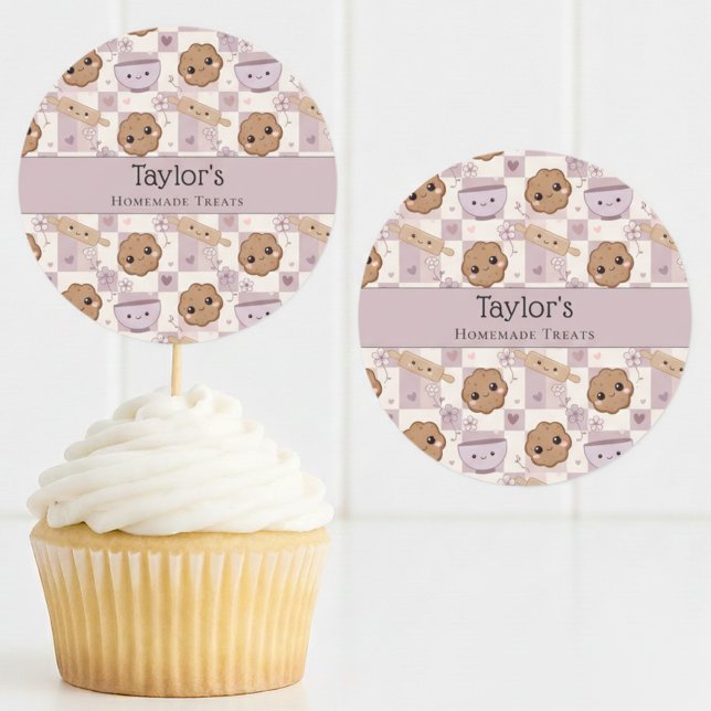 Personalized Kawaii Cookie Gingham Cupcake Topper  Classic Round Sticker (Creator Uploaded)