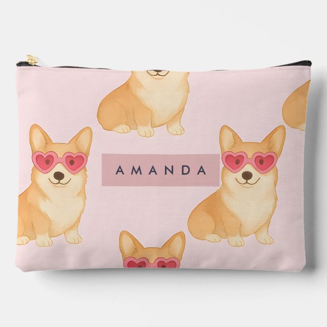 Personalized Kawaii Corgi with Heart Sunglasses Accessory Pouch (Front)