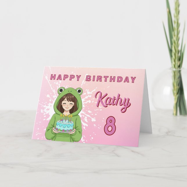 Personalized Kawaii Frog Hoodie Girl Birthday Card (Front)