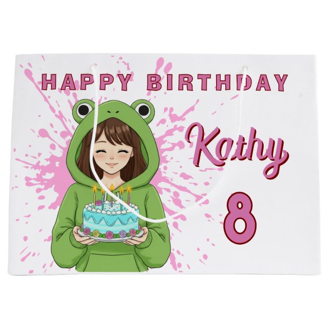 Personalized Kawaii Frog Hoodie Girl Birthday Large Gift Bag (Front)