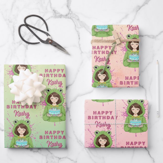 Personalized Kawaii Frog Hoodie Girl Birthday Wrapping Paper Sheet (Front)