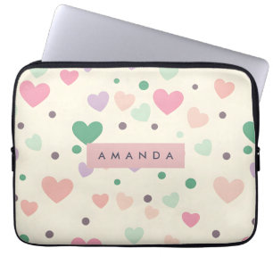 Personalized Kawaii Pastel Hearts & Dots Laptop Sleeve