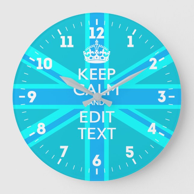 Personalized Keep Calm Your Text UK Flag Sky Blue Large Clock (Front)