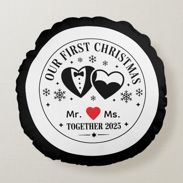Personalized Keepsake Our First Christmas Mr & Ms Round Cushion (Front)