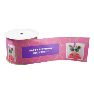 Personalized Kid Photo Happy Birthday Unicorn Satin Ribbon
