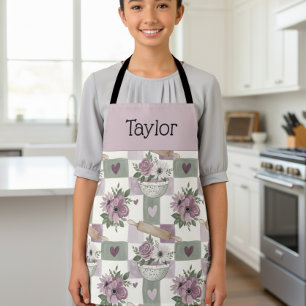 Personalized Kids Apron Vintage Floral Checkered