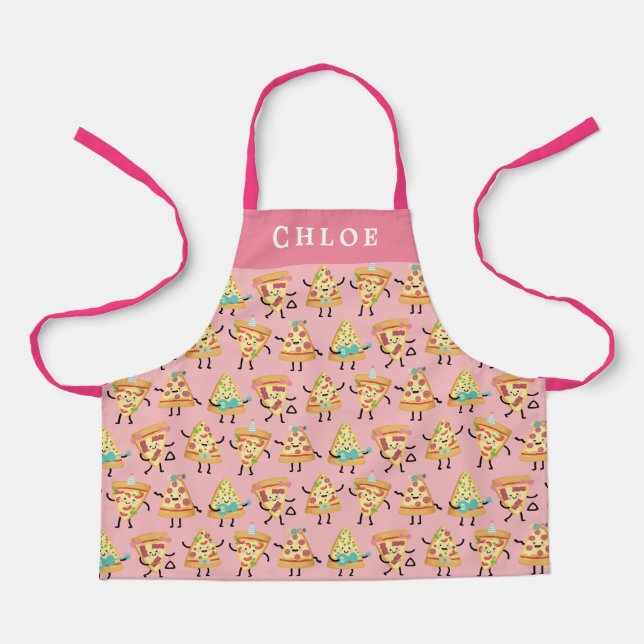 Personalized Kids Cute Pink Pizza Print Apron (Front)
