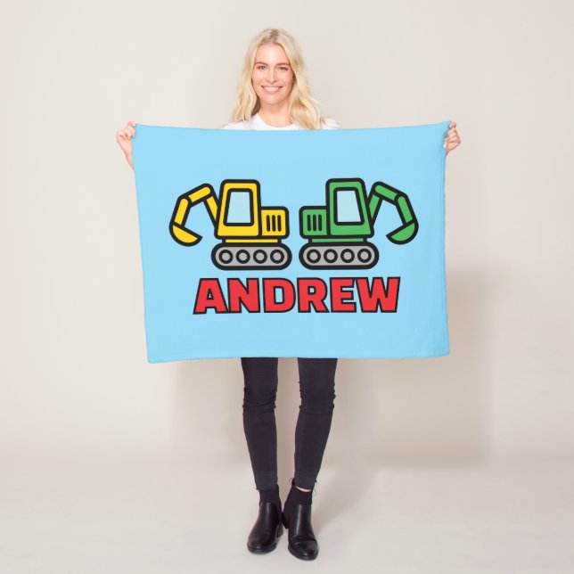 Personalized kid's fleece blanket with excavators (In Situ)
