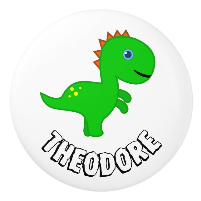 Personalized kids green dino drawer handle ceramic knob (Front)