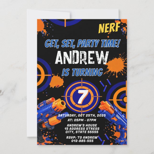Personalized Kids Nerf Birthday Invitation (Front)