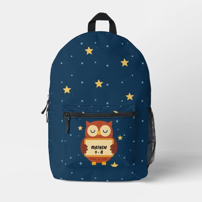 Personalized Kids Owl Backpack – Starry Night Name (Front)