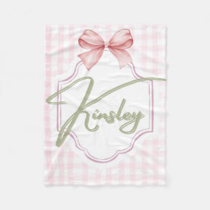 Personalized Kinsley Baby Girl Nursery Bow&Gingham Fleece Blanket